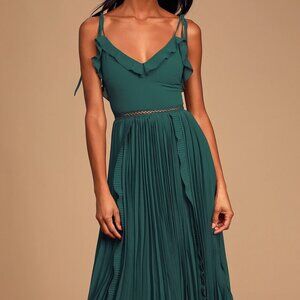 Lulus Never a Dull Moment Emerald Green Tie-Strap Pleated Midi Dress